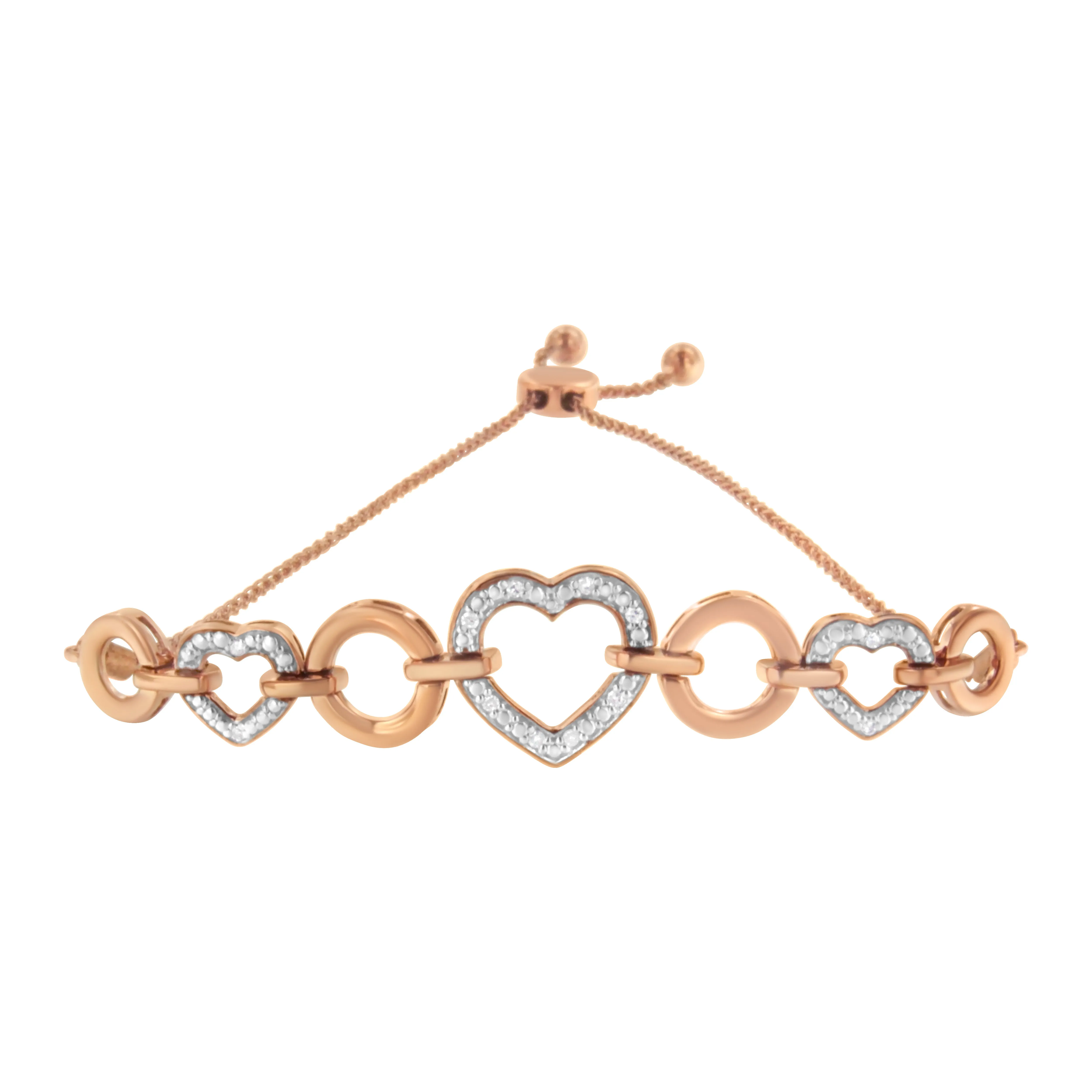 10K Rose Gold over .925 Sterling Silver 1/10 Cttw Round-Cut Diamond Heart Link Adjustable Bolo Bracelet