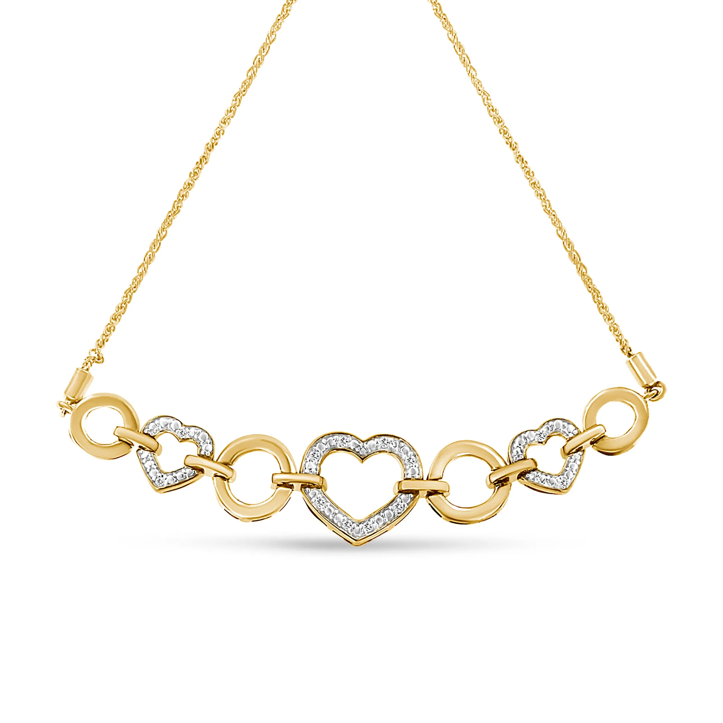 10K Yellow Gold over .925 Sterling Silver 1/10 Cttw Round-Cut Diamond Heart-Link Adjustable Bolo Bracelet
