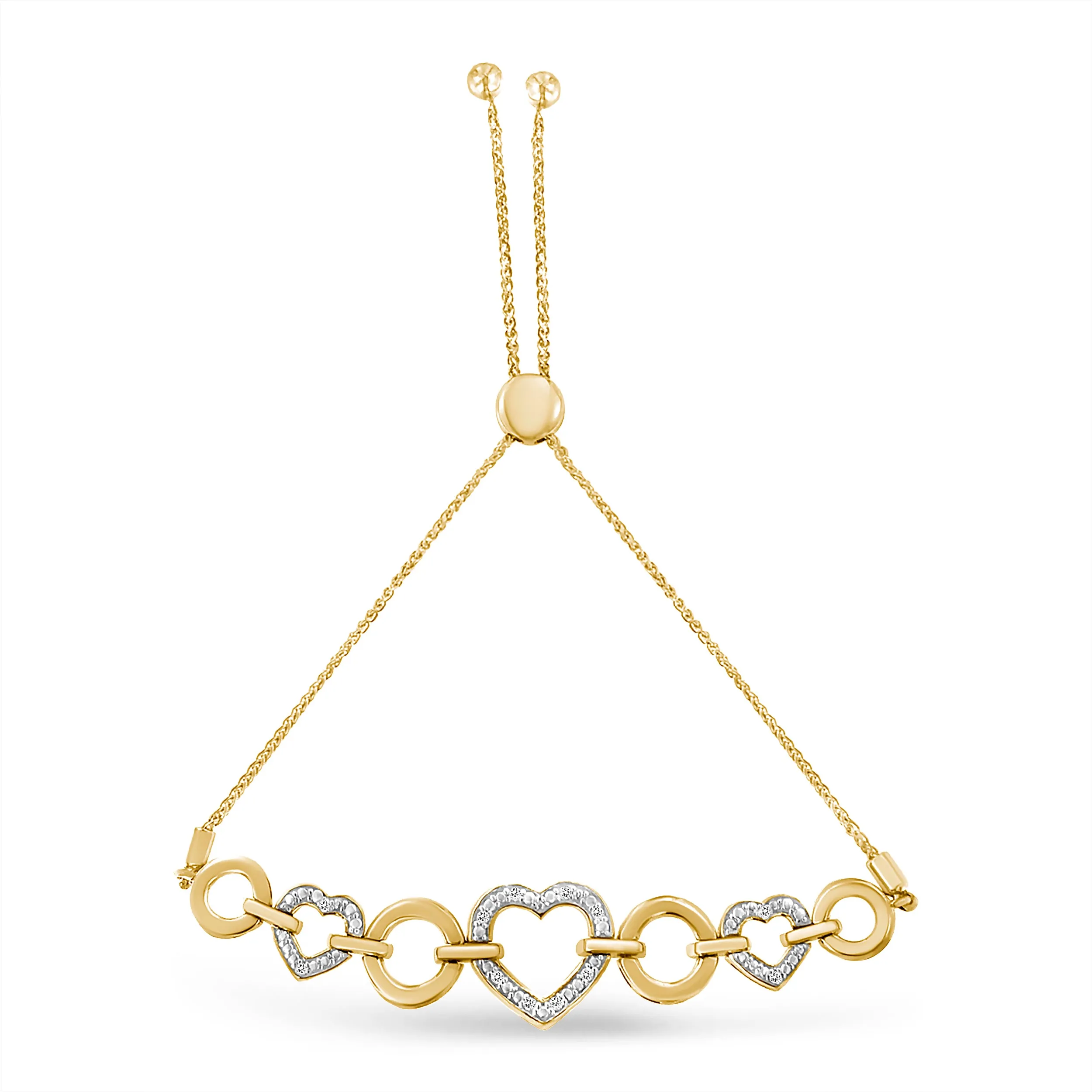 10K Yellow Gold over .925 Sterling Silver 1/10 Cttw Round-Cut Diamond Heart-Link Adjustable Bolo Bracelet