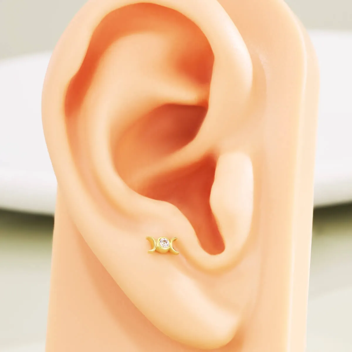 14K Solid Gold Moon Phase Clear CZ Top Flat Back Nose Stud