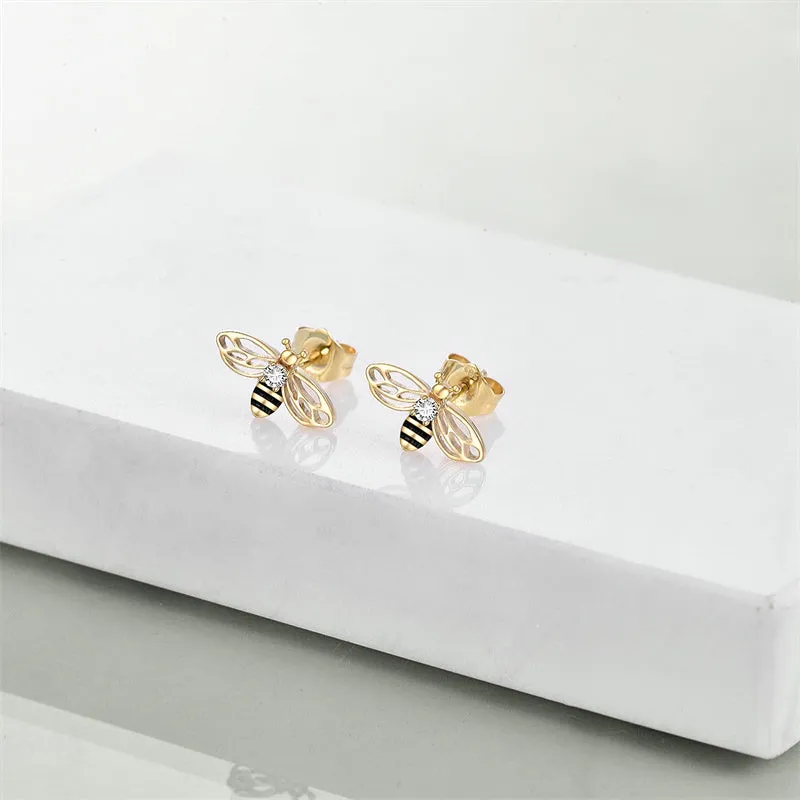 14K Yellow Gold Honey Bee Earrings for Women Fine Gold Pendant Gifts for Her