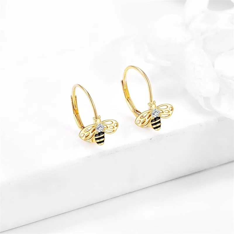 14K Yellow Gold Honey Bee Earrings for Women Fine Gold Pendant Gifts for Her