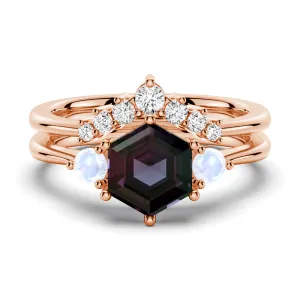 1.5 CT. Hexagon Cut Unique Alexandrite Moonstone Three Stone Engagement Ring Set