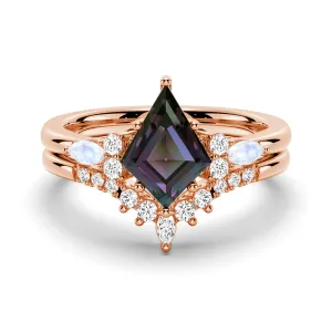 2 CT. Art Deco Kite Cut Alexandrite Engagement Ring Set With Moonstone Accents