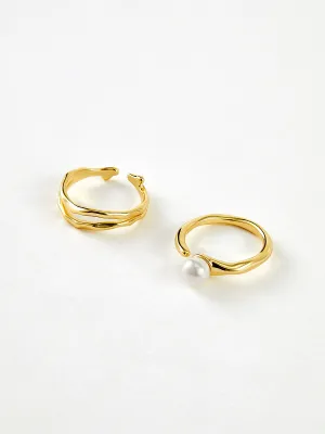 2pcs Golden Wavy Pearl Open Ring