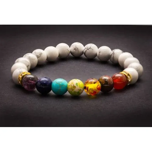 7 Chakra Semi-Precious Stones with Howlite Charm Reiki Chakra Healing Yoga Meditation Crystal Fengshui 8mm Gemstones Beads Bracelet