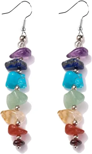 7 Chakra Stone Long Drop Dangle Earrings Colorful Necklace Set Crystal Hook Reiki Healing Beads for Women Yoga Energy Balancing Jewelry