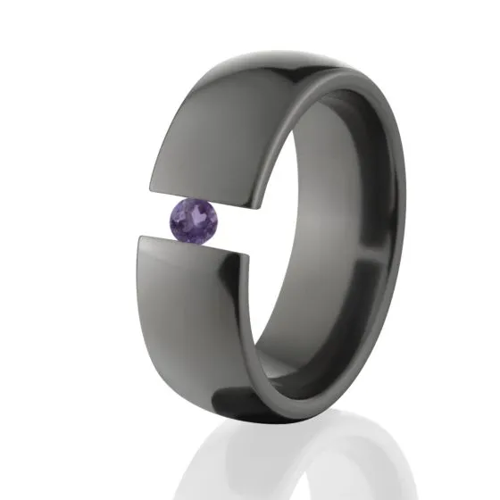 8mm Black Zirconium Ring, Tension Set Ring, Alexandrite