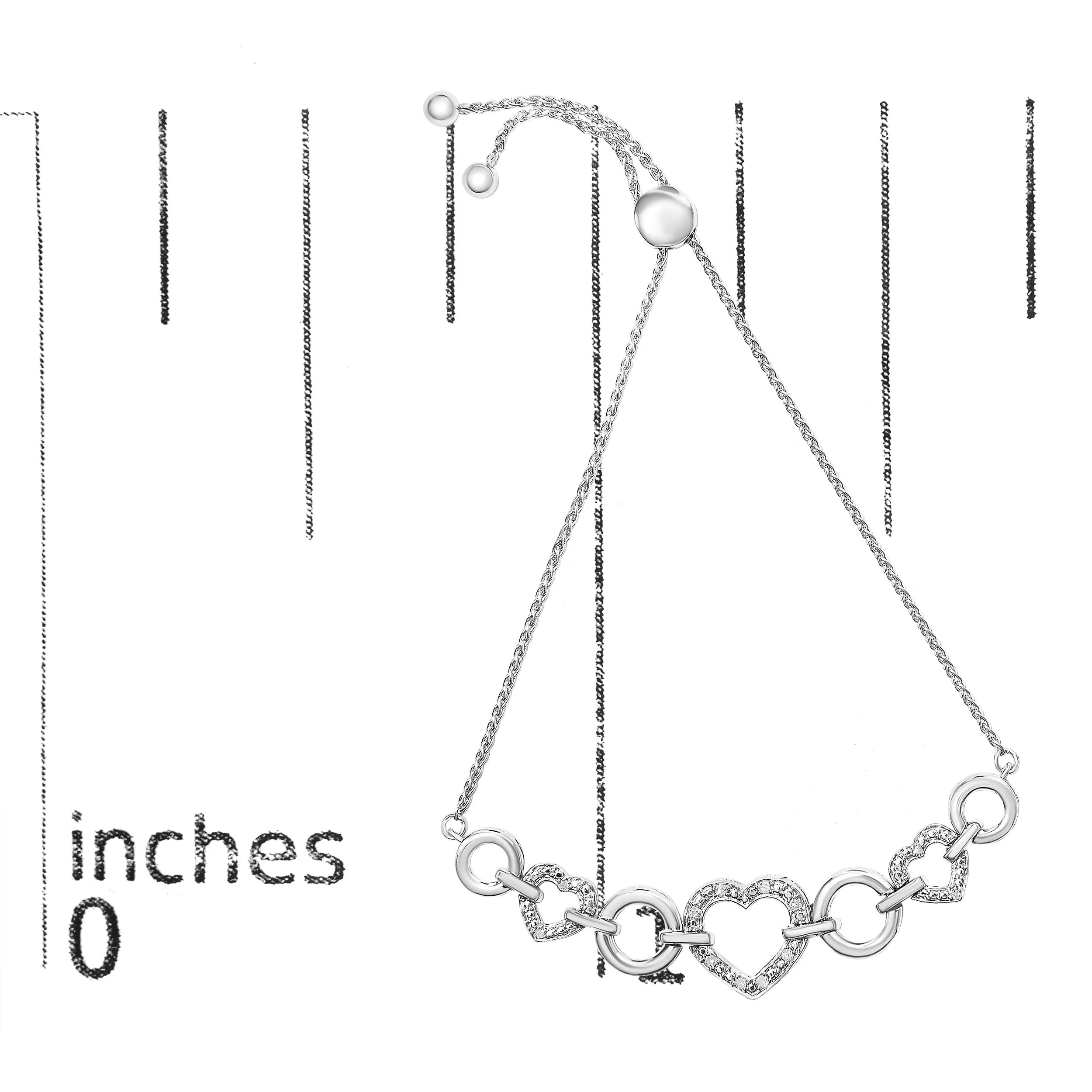 .925 Sterling Silver 1/10 Cttw Round-Cut Diamond Heart-Link Adjustable Bolo Bracelet