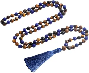Acxico 1 pcs Yellow Tiger Eye Lapis Lazuli Gems Tibet Buddhist 108 Prayer Beads Mala Necklace