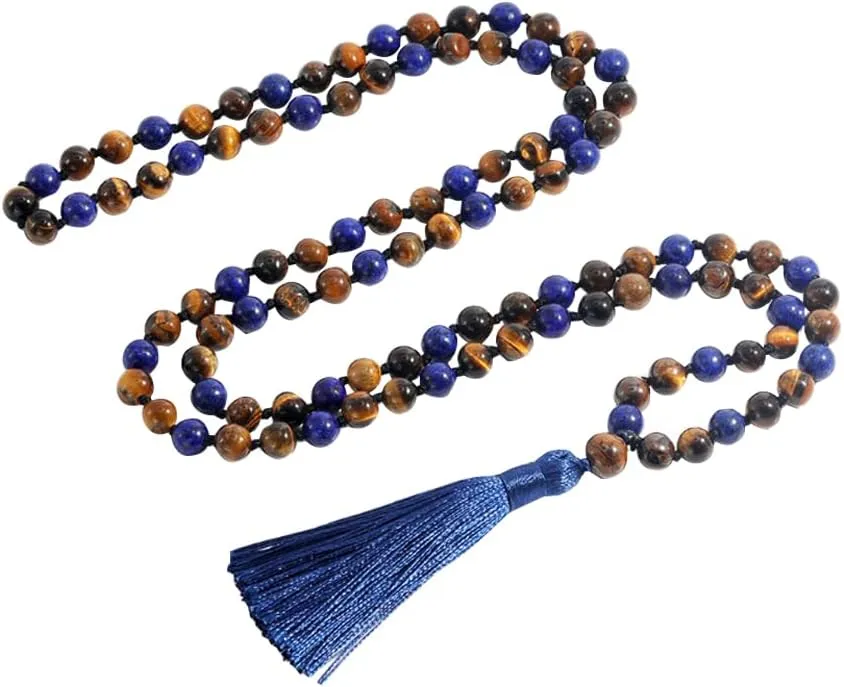 Acxico 1 pcs Yellow Tiger Eye Lapis Lazuli Gems Tibet Buddhist 108 Prayer Beads Mala Necklace
