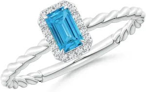 Angara Emerald-Cut Lab Grown Fancy Intense Blue Diamond Halo Twisted Shank Engagement Ring in 14K Solid Gold/Platinum | Birthday, Anniversary, Wedding Jewelry Gift for Women