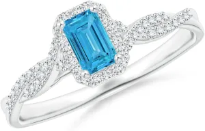 Angara Emerald-Cut Lab Grown Fancy Intense Blue Diamond Halo Twisted Shank Ring in 14K Solid Gold/Platinum | Birthday, Engagement, Anniversary, Wedding Jewelry Gift for Women