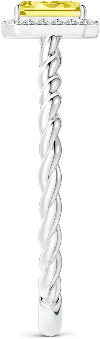 Angara Emerald-Cut Lab Grown Fancy Intense Yellow Diamond Halo Twisted Shank Engagement Ring in 14K Solid Gold/Platinum | Birthday, Anniversary, Wedding Jewelry Gift for Women