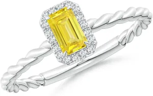 Angara Emerald-Cut Lab Grown Fancy Intense Yellow Diamond Halo Twisted Shank Engagement Ring in 14K Solid Gold/Platinum | Birthday, Anniversary, Wedding Jewelry Gift for Women