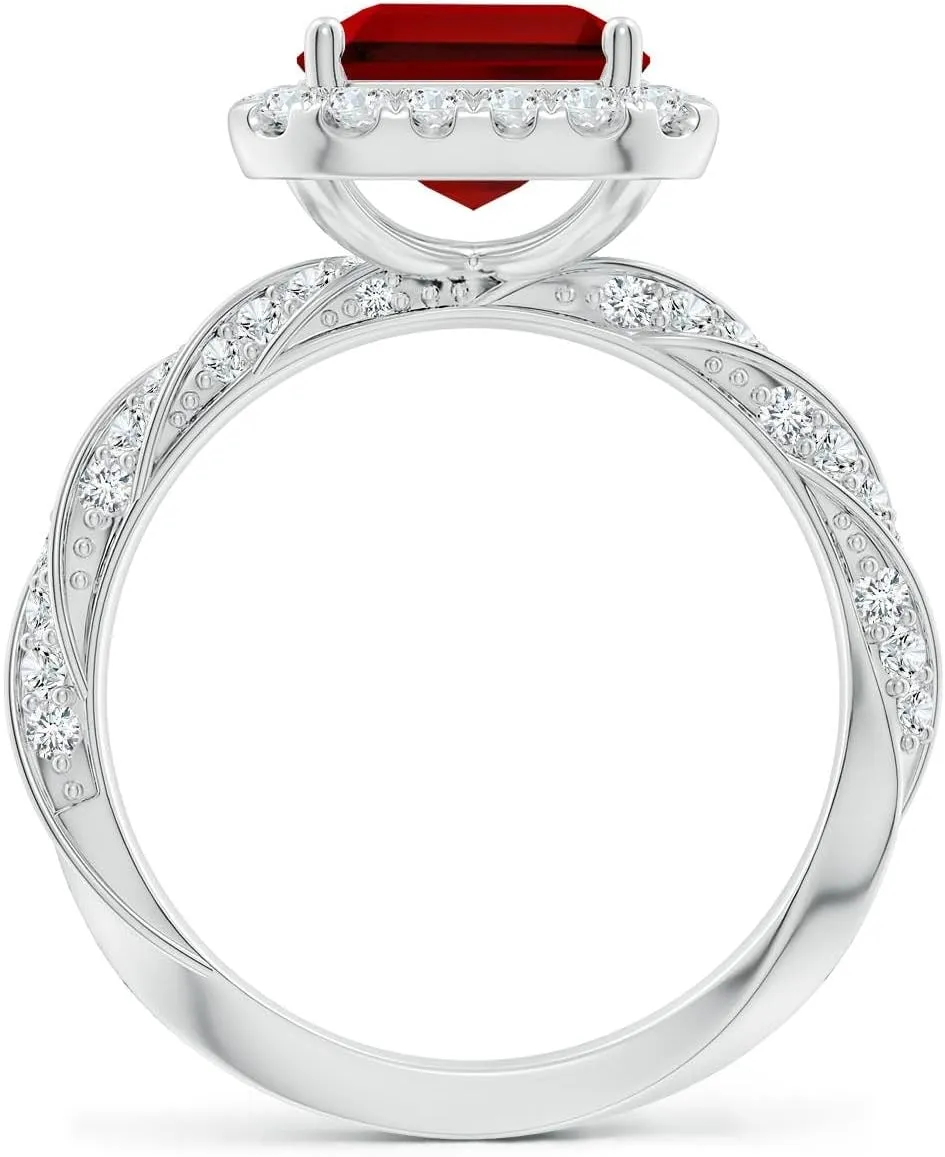 Angara Emerald-Cut Lab Grown Ruby Halo Twisted Rope Shank Engagement Ring in 14K Solid Gold/Platinum | July Birthstone, Birthday, Anniversary, Wedding Jewelry Gift for Women