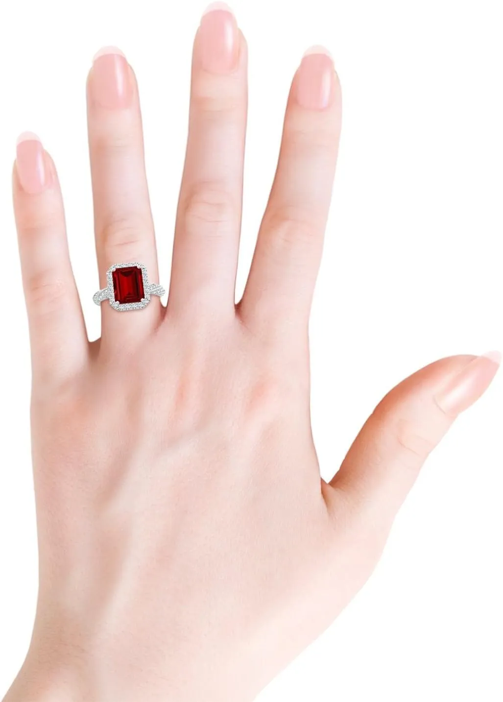 Angara Emerald-Cut Lab Grown Ruby Halo Twisted Rope Shank Engagement Ring in 14K Solid Gold/Platinum | July Birthstone, Birthday, Anniversary, Wedding Jewelry Gift for Women