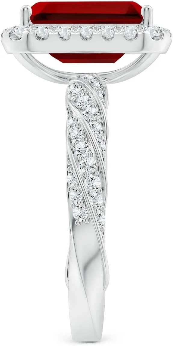 Angara Emerald-Cut Lab Grown Ruby Halo Twisted Rope Shank Engagement Ring in 14K Solid Gold/Platinum | July Birthstone, Birthday, Anniversary, Wedding Jewelry Gift for Women