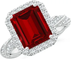 Angara Emerald-Cut Lab Grown Ruby Halo Twisted Rope Shank Engagement Ring in 14K Solid Gold/Platinum | July Birthstone, Birthday, Anniversary, Wedding Jewelry Gift for Women