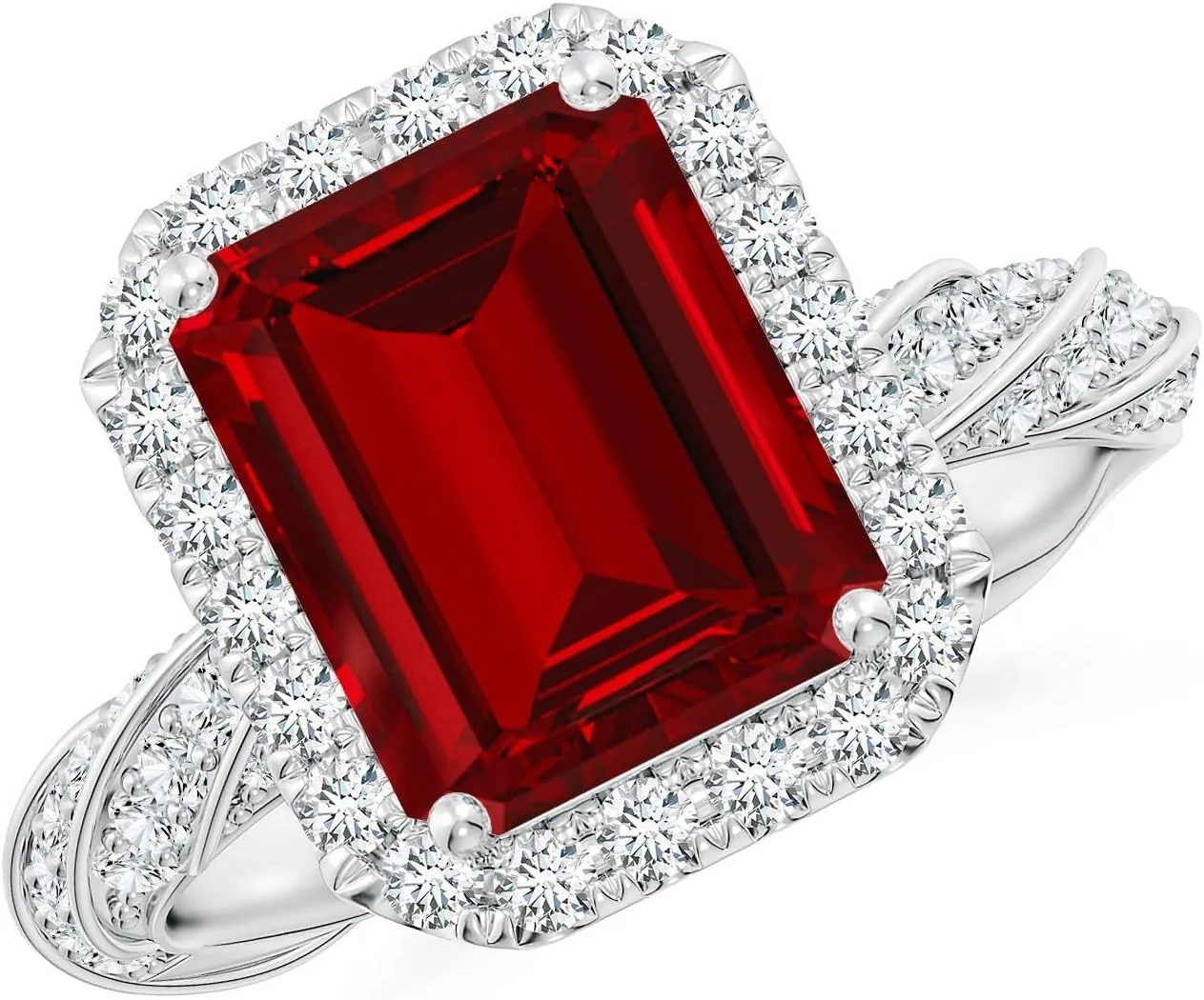 Angara Emerald-Cut Lab Grown Ruby Halo Twisted Rope Shank Engagement Ring in 14K Solid Gold/Platinum | July Birthstone, Birthday, Anniversary, Wedding Jewelry Gift for Women