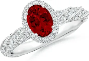 Angara Oval Lab Grown Ruby Halo Twisted Rope Shank Engagement Ring in 14K Solid Gold/Platinum | July Birthstone, Birthday, Anniversary, Wedding Jewelry Gift for Women