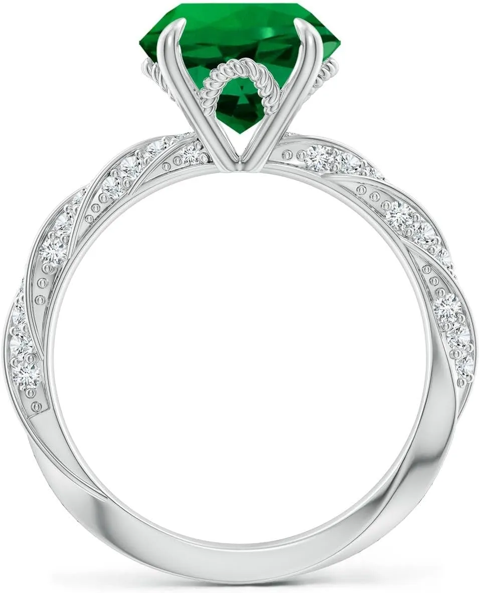 Angara Round Lab Grown Emerald Twisted Rope Shank Engagement Ring in 14K Solid Gold/Platinum | May Birthstone, Birthday, Anniversary, Wedding Jewelry Gift for Women