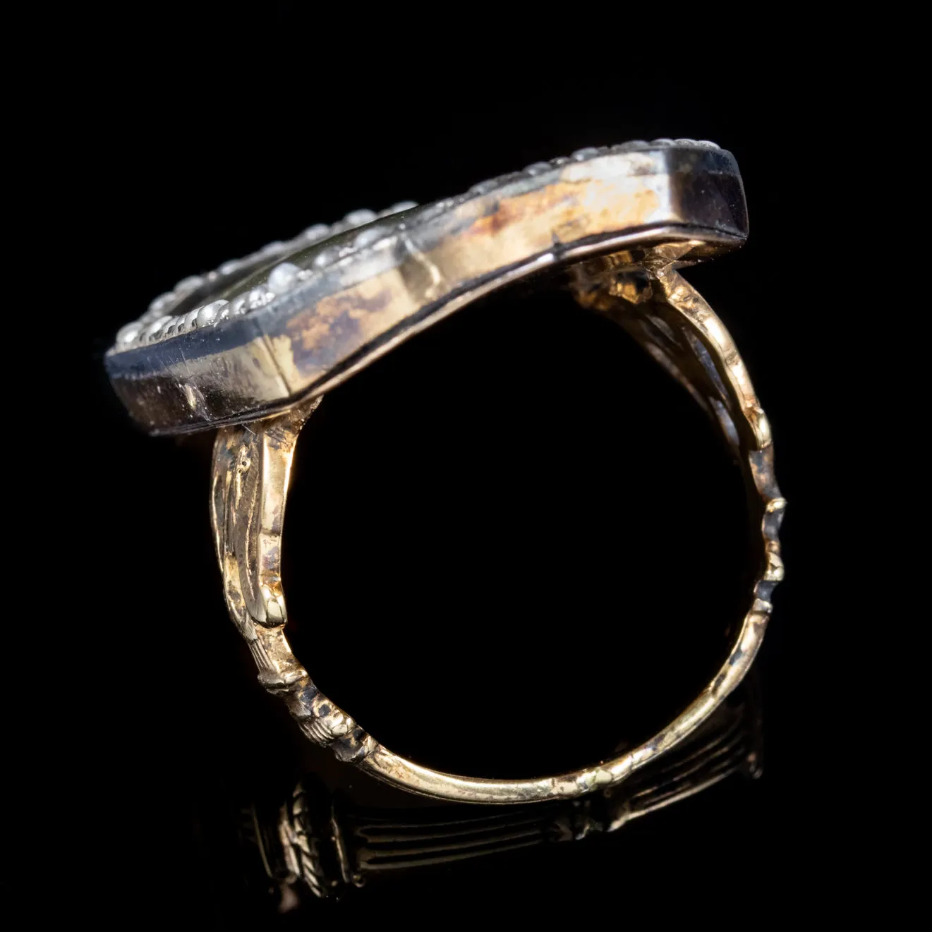 Antique Georgian Silk Pearl Mourning Ring 18Ct Gold Circa 1750