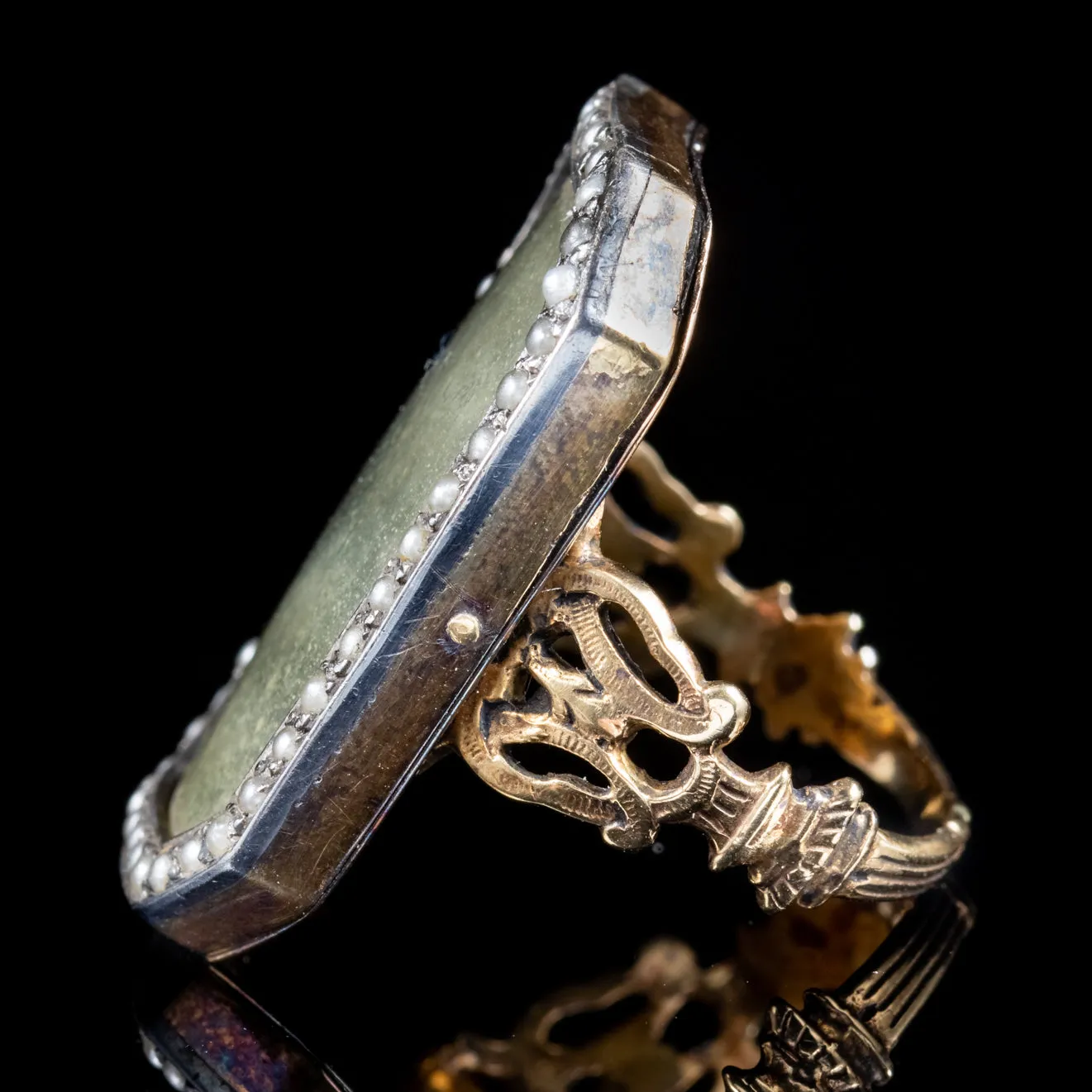 Antique Georgian Silk Pearl Mourning Ring 18Ct Gold Circa 1750