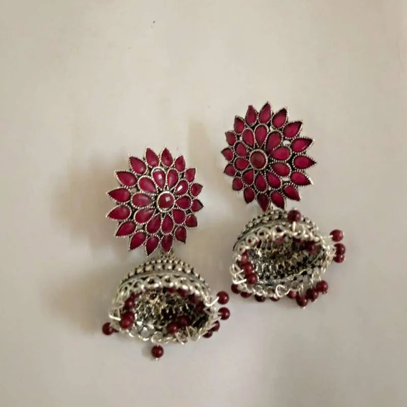 Antique Oxidized Jhumka Earrings With Glass Stones