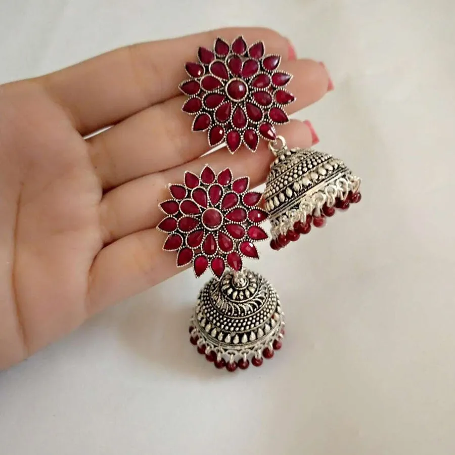 Antique Oxidized Jhumka Earrings With Glass Stones