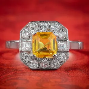Art Deco Style Yellow Sapphire Diamond Ring 1ct Sapphire