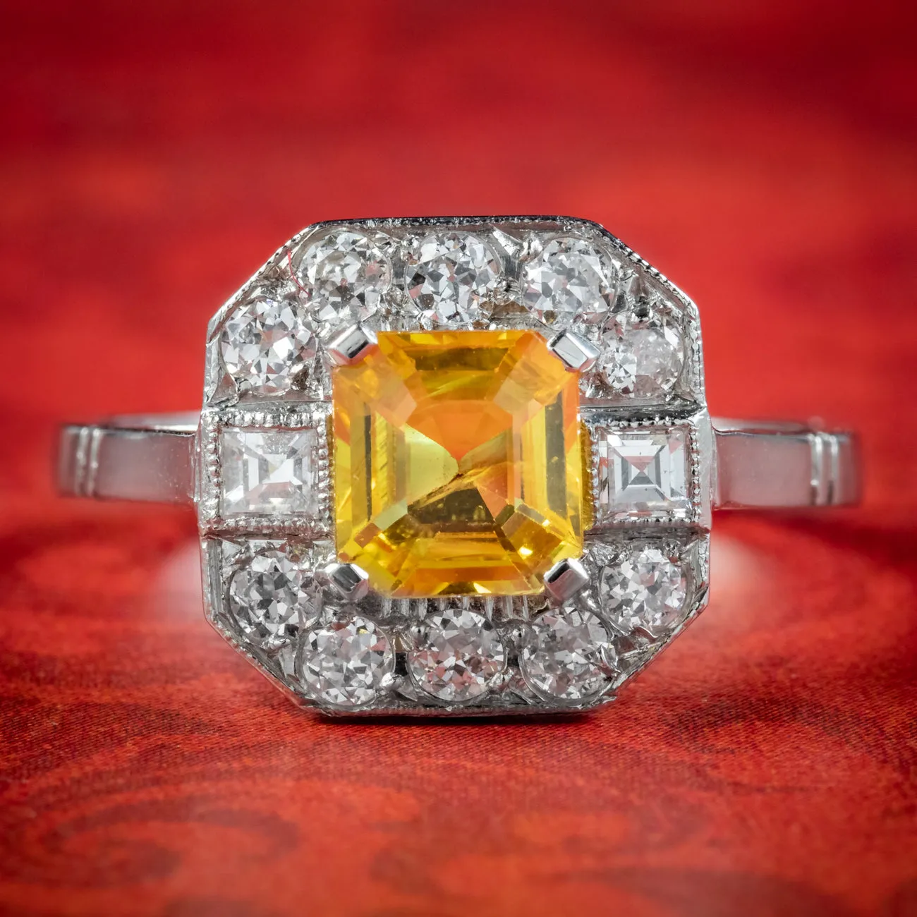 Art Deco Style Yellow Sapphire Diamond Ring 1ct Sapphire