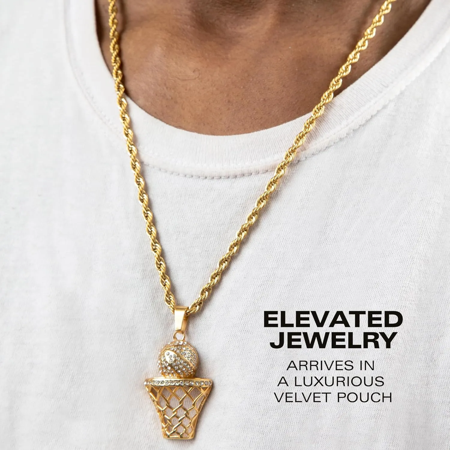 Basketball Necklace - 18K Plated Basketball Chain with Hoop for Men, Women, Teens - Gold, Silver & Black Color Options - Stainless Steel Sports Pendant with Simulated Diamond CZ Stones