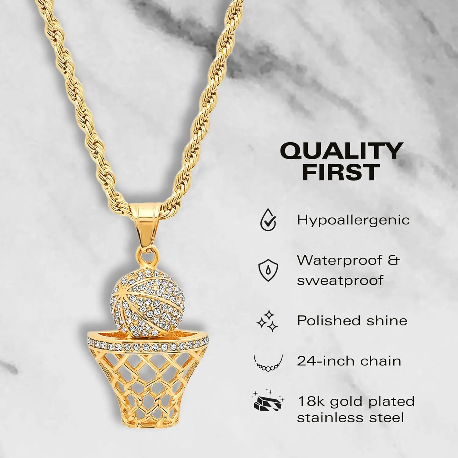 Basketball Necklace - 18K Plated Basketball Chain with Hoop for Men, Women, Teens - Gold, Silver & Black Color Options - Stainless Steel Sports Pendant with Simulated Diamond CZ Stones