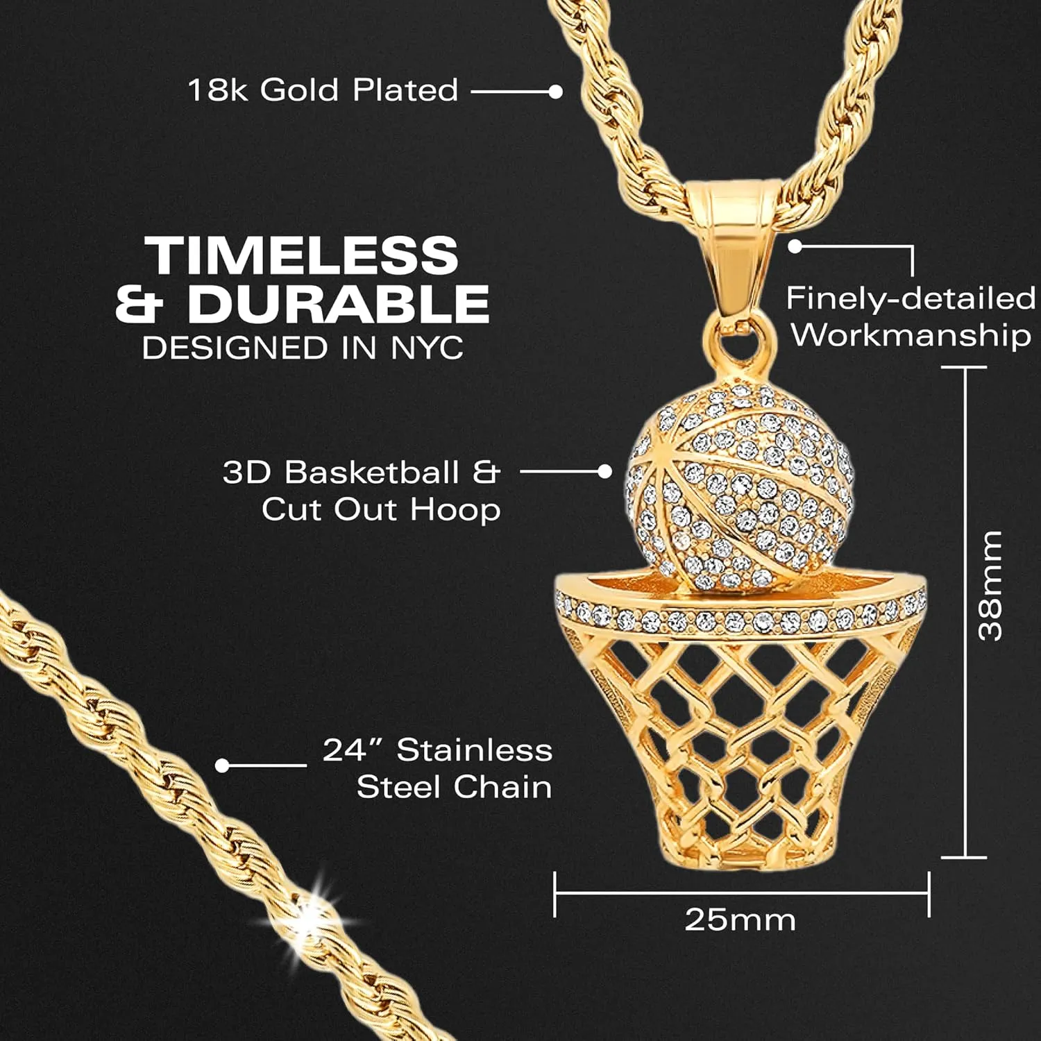 Basketball Necklace - 18K Plated Basketball Chain with Hoop for Men, Women, Teens - Gold, Silver & Black Color Options - Stainless Steel Sports Pendant with Simulated Diamond CZ Stones