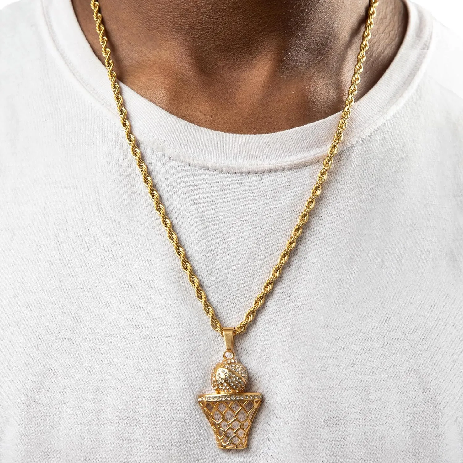 Basketball Necklace - 18K Plated Basketball Chain with Hoop for Men, Women, Teens - Gold, Silver & Black Color Options - Stainless Steel Sports Pendant with Simulated Diamond CZ Stones