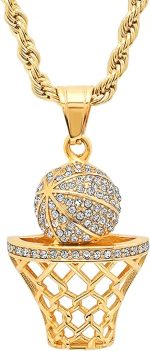 Basketball Necklace - 18K Plated Basketball Chain with Hoop for Men, Women, Teens - Gold, Silver & Black Color Options - Stainless Steel Sports Pendant with Simulated Diamond CZ Stones