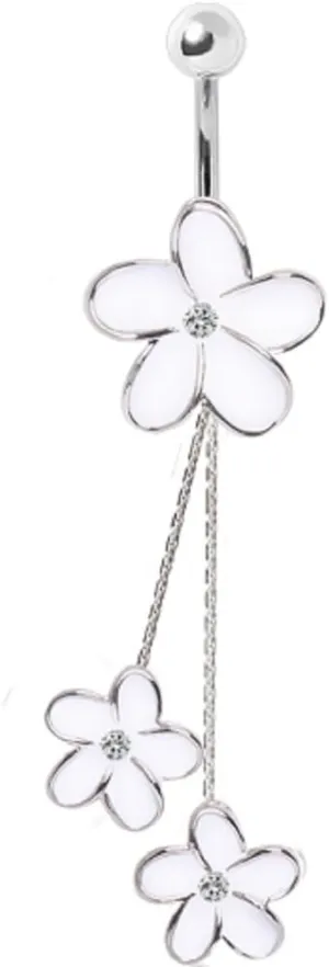 Belly Button Ring Navel 14g Enameled White Daisies Chained Dangle