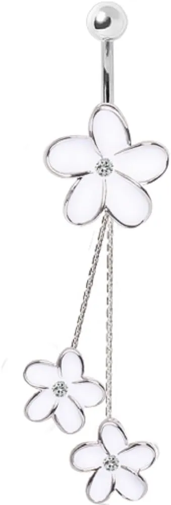 Belly Button Ring Navel 14g Enameled White Daisies Chained Dangle