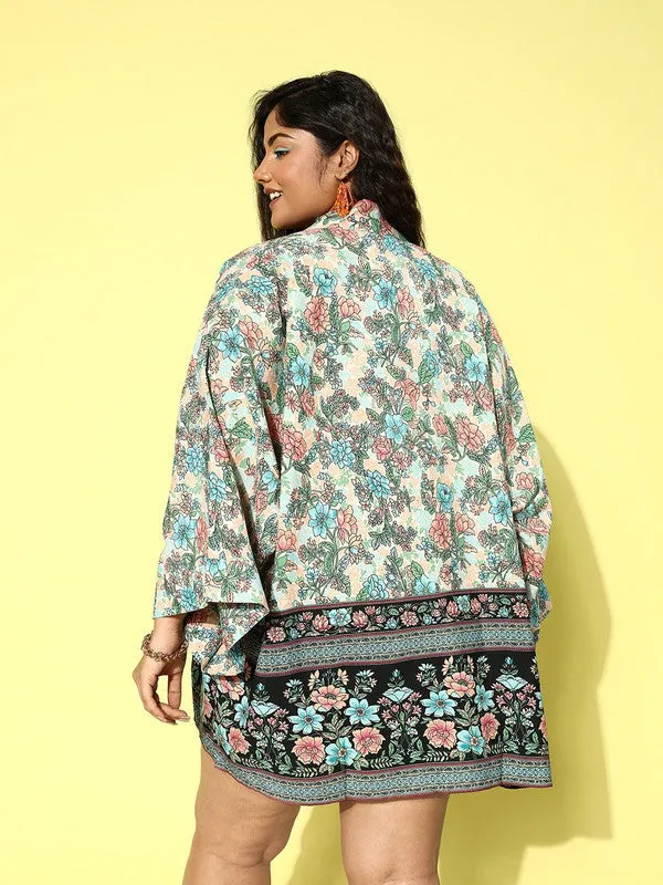 Berrylush Women Plus Size White & Multicolour Floral Printed Square Neck Crop Top & Tie-Up Front Shorts With Shrug