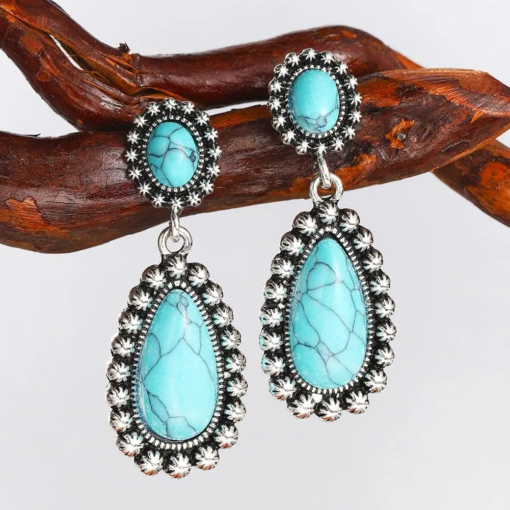 BG&WLing Turquoise Earrings 925 Sterling Silver Teardrop Dangle Drop Earring Western Bohemia Vintage Jewelry for Women