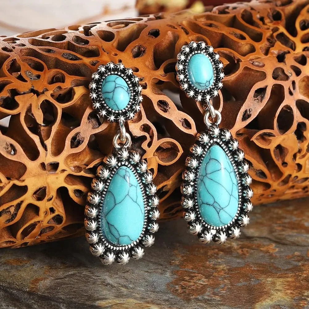 BG&WLing Turquoise Earrings 925 Sterling Silver Teardrop Dangle Drop Earring Western Bohemia Vintage Jewelry for Women