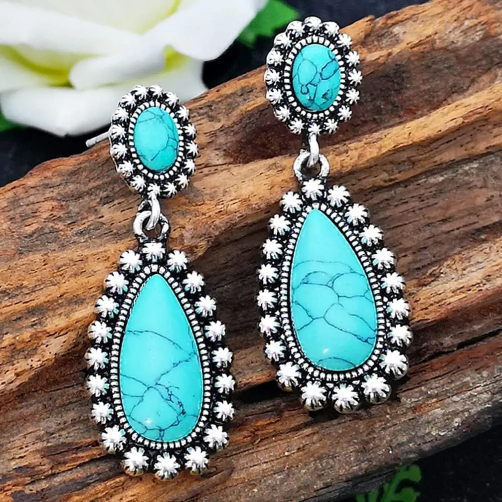 BG&WLing Turquoise Earrings 925 Sterling Silver Teardrop Dangle Drop Earring Western Bohemia Vintage Jewelry for Women