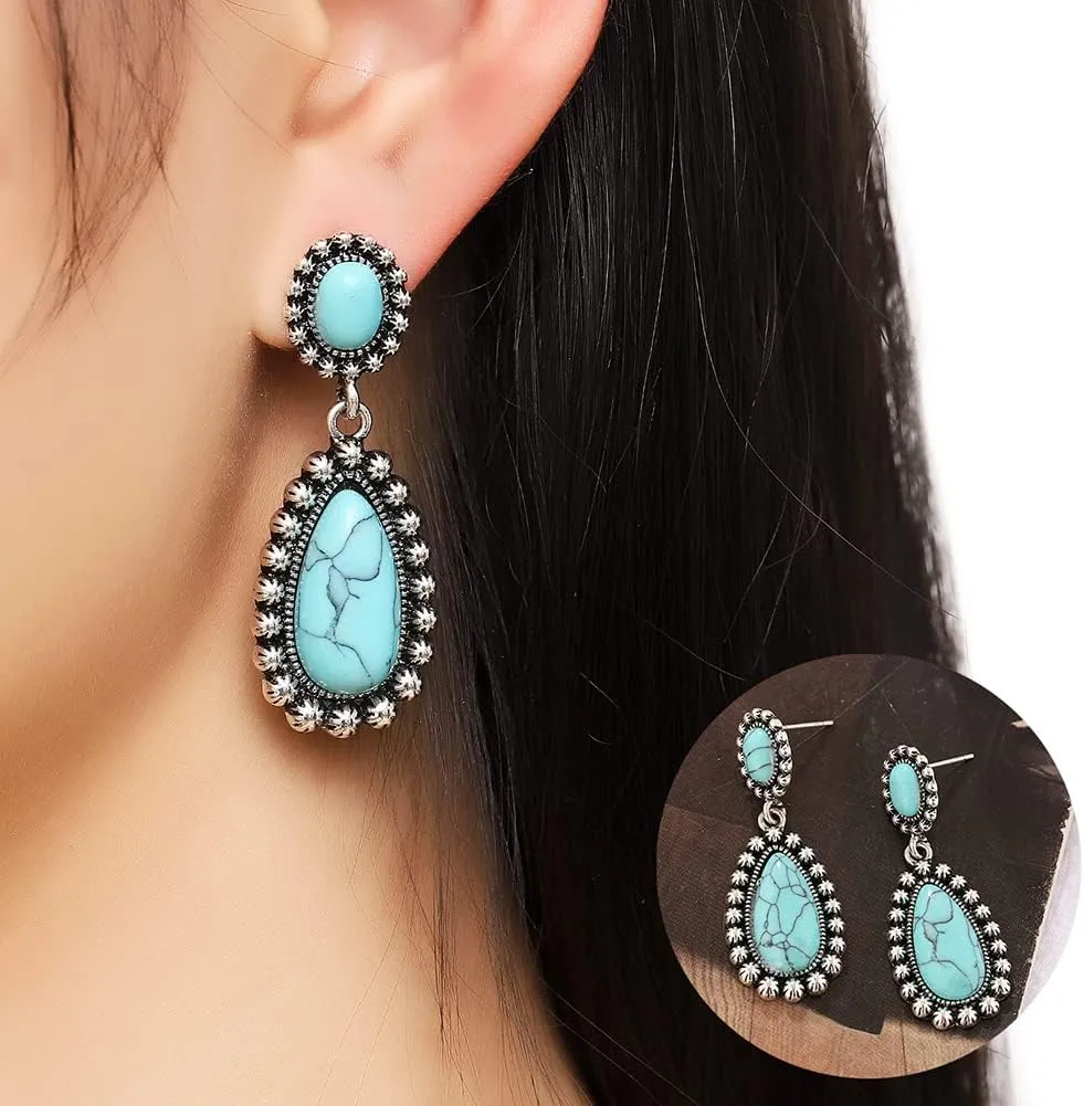 BG&WLing Turquoise Earrings 925 Sterling Silver Teardrop Dangle Drop Earring Western Bohemia Vintage Jewelry for Women