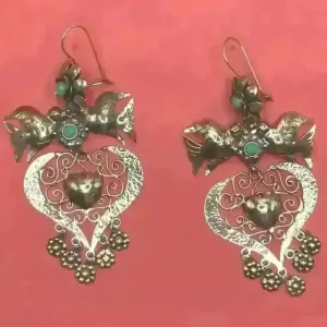 Big heart Mazahua dove Mexican silver earrings with turquoise