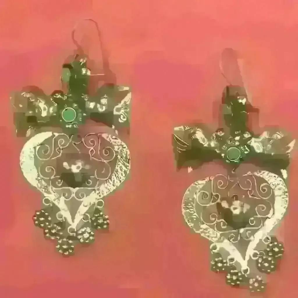 Big heart Mazahua dove Mexican silver earrings with turquoise