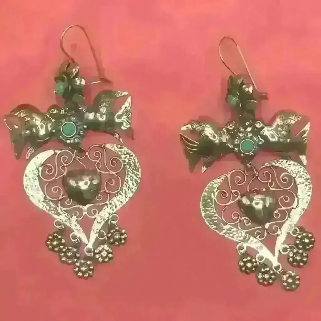 Big heart Mazahua dove Mexican silver earrings with turquoise