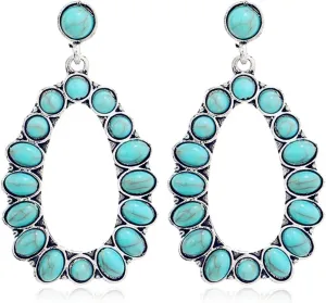 Bohemian Turquoise Earrings Western Style Vintage Statement Teardrop Cross Oval Round Beaded Geometric Metal Dangle Drop Earrings for Women Cowboy Cowgirl Ethnic Hippie Jewelry Gifts