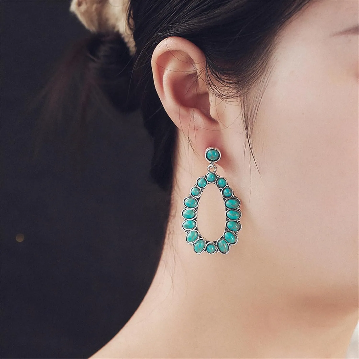 Bohemian Turquoise Earrings Western Style Vintage Statement Teardrop Cross Oval Round Beaded Geometric Metal Dangle Drop Earrings for Women Cowboy Cowgirl Ethnic Hippie Jewelry Gifts