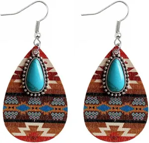 Boho Turqoise Wooden Teardrop Drop Dangle Earrings Aztec Pattern Wood Dangling Hook Hoops Statement Earring Retro Jewelry Gifts for Women Girls Mother